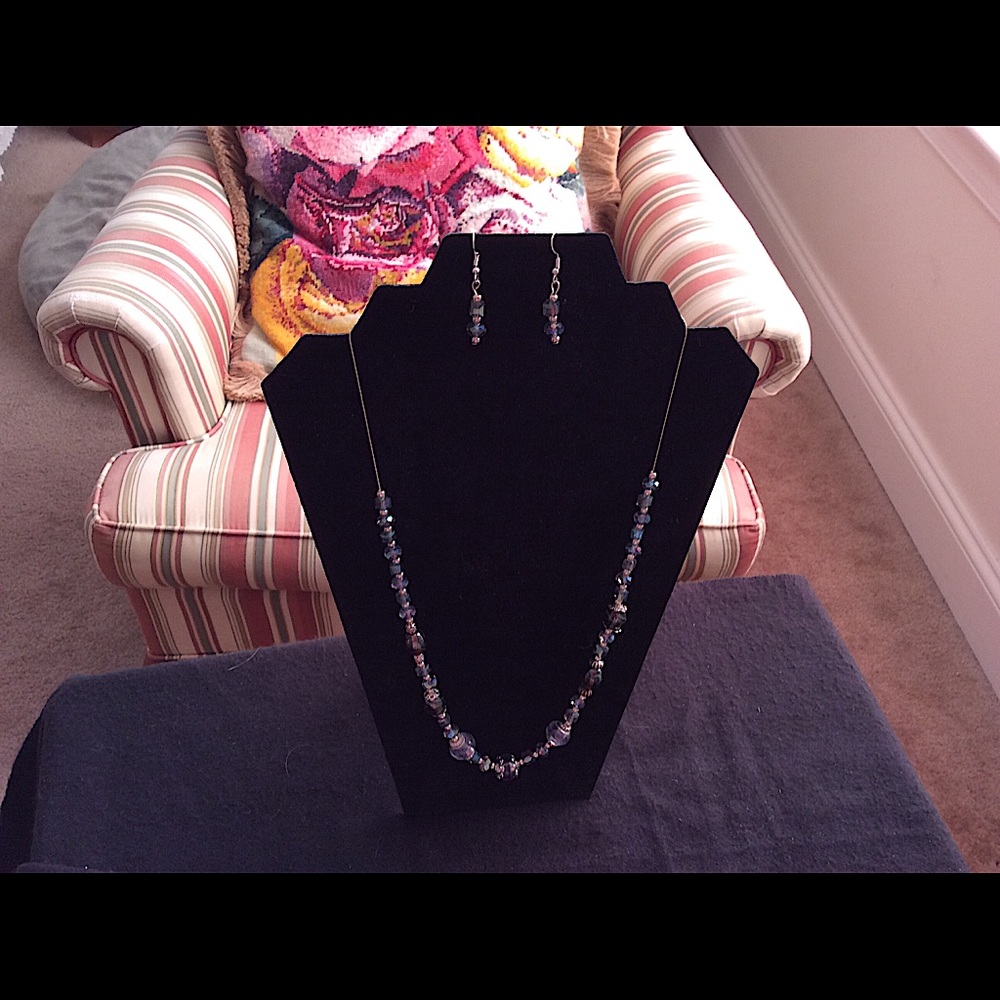 Blue Glass Bead Necklace and Earrings